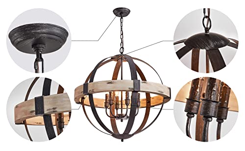 Shrine Lighting 19034 Rustic Chandelier Traditional Farmhouse Lighting 6-Light Sphere Globe Chandelier Lighting,Vintage Solid Wood Ring Frame Wrought Iron Arms, W27 X H25, Chain Adjustable #TOP2