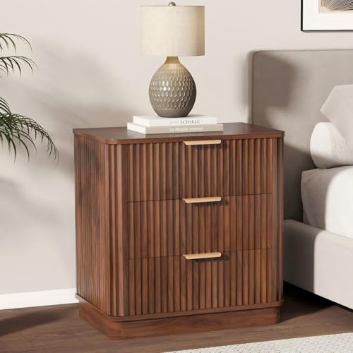 LYNCOHOME 23 inch Wide Fluted Nightstand with 3 Drawers, Modern Curved Bedside Table,Wood Night Stand with Storage,End Table for Bedroom & Living Room,Dresser for Bedroom Living Room,Walnut,Brown
