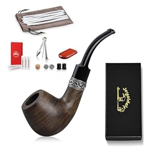 Joyoldelf Tobacco Pipe, Wooden Smoking Pipe with Pipe Stand, Vintage Ebony Tobacco Pipes for Smoking with Pipe Scraper, 9mm Pipe Filter, Tobacco Pouch and Smoking Accessories