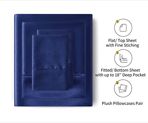 Image of Lanest Housing Silk Satin Sheets, Full Size Satin Bed Sheet Set with Deep Pockets, Cooling Soft and Hypoallergenic Satin Sheets Full - Navy Blue