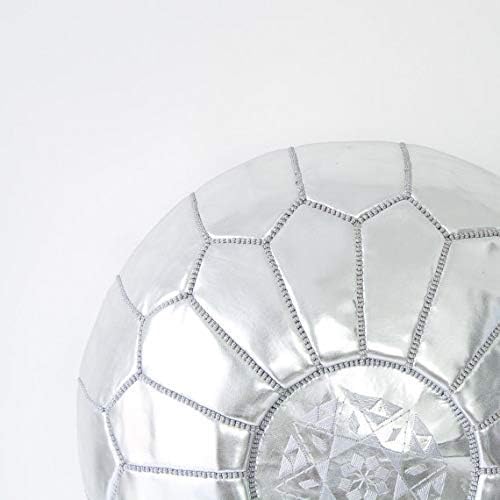 Silver Moroccan Leather Pouf Handcrafted Leather Ottoman