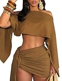 JYAOVO Women's 2 Piece Outfits Batwing Off Shoulder Irregular Crop Top and Mini Skirt Set Sexy Matching Sets Brown Size L