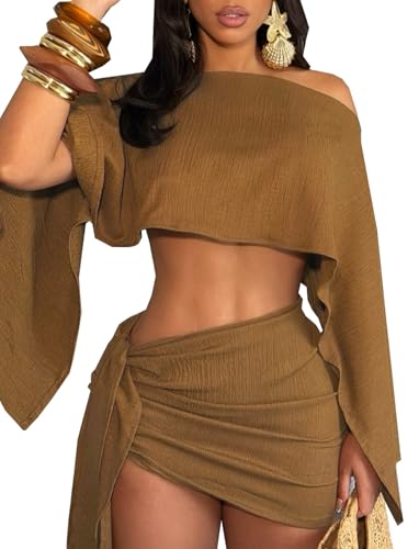 JYAOVO Women's 2 Piece Outfits Batwing Off Shoulder Irregular Crop