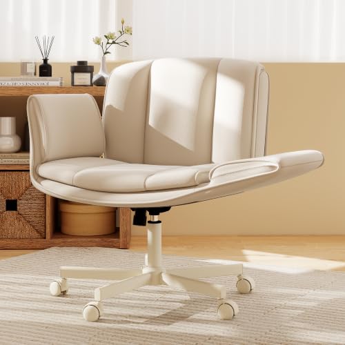 HeroSet Criss Cross Chair with Wheels & Armrests,Comfy Wide Vanity Chair,Scratch-Resistant Pu Leather Cross Legged Desk Chair,Height Adjustable Computer Office Desk Chairs for Home,Makeup,Bedroom