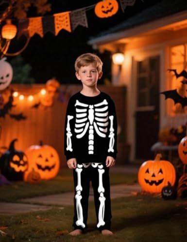 MOMBEBE COSLAND Boys Halloween Pyjamas Kids Skeleton Nightwear Girls Cotton Sleepwear, Black, 5 Years - Image 2