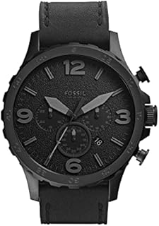 Fossil Herrenuhr Nate, QuarzChronographenwerk, 50mm schwarzes Edelstahlgehäuse mit Echtlederarmband, JR1354