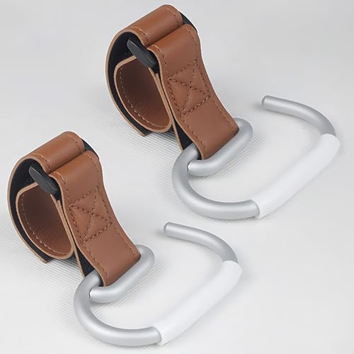Image of Mt.Jun Stroller Hook – Aluminum Hook with Hook and Loop Strap, Lightweight, Durable, Customizable Placement for All Occasions (Brown, 2-Pack)