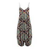 RMBLYfeiye Jumpsuit Damen Lang Rundhals Retro Druck Spaghetti Jumpsuit Weitem Bein Harem Jumpsuit Oversized Overall Ärmellos Racerback Boho Jumosuit Sommer Jumpsuit Overall Stretch Strandjumpsuit