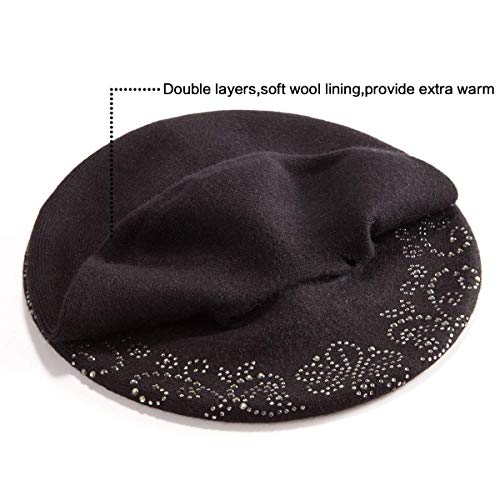 LADYBRO Barre Hat Wool Black Knit Cap for Women Rhinestone Winter Warm Soft Fashion - Thumbnail 3