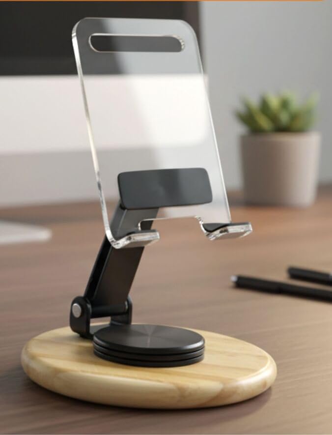 Himoksh Folding and Rotating Clear Mobile Stand with Bamboo Base, Foldable and Space-Saving Design-picture-37