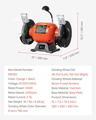 Image of VEVOR Bench Grinder, 6-inch Single Speed Bench Grinder, 3450RPM High-Speed Table Grinders with 250W 2.1A 1 /3Hp Induction Motor, 36 /60-Grit Grinding Wheels & LED Work Light for Fast Sharpening Grinding