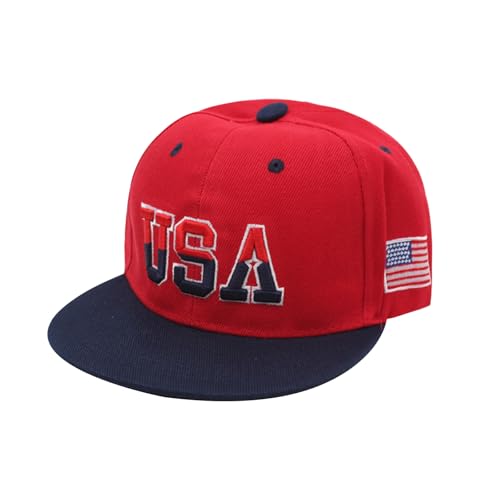 Image of OhMill Unisex America Flag Embroidered Flat Brim Baseball Cap Hip Hop Hat for US National Celebrations Women Men (Red)