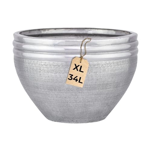 Marrakesch XXL Aluminium Blumenkübel Übertopf Ø 38 cm Silber Matt | Pflanzentopf Pflanzkübel 34 L groß rund für Outdoor Indoor | Blumentopf Blumentöpfe Calvino für Garten Balkon & Wohnzimmer