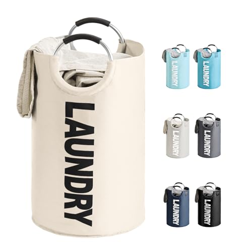 YOUDENOVA Faltbarer Wäschekorb, 92L Großer Wäschesammler, Wäschesack mit gepolstertem Griff, Wasserdichter Laundry baskets aus Oxford-Gewebe, Tragbarer Wäschetonne für Waschküche, Schlafzimmer, Beige