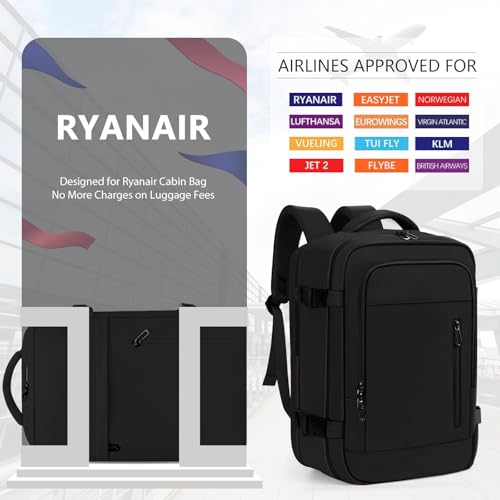 OTAHGK Bagage Cabine 40x20x25 pour Ryanair Sac à Dos de Voyage Bagage à Main Avion Sac à Main sous Le Siège Valise Sac Ordinateur Portable avec Port de Charge USB-Noir – Image 2