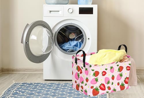 Image of Strawberry Print Storage Box Girls Gifts Basket Clothes Hamper Basket Collapsible Organizer Bin Gift Shelf Baskets for Home and Kitchen Storage.