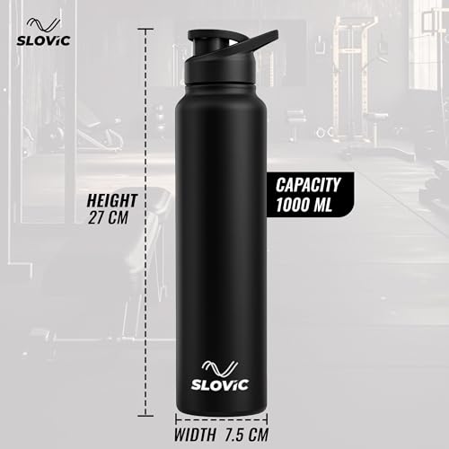 Image of SLOVIC Steel Water Bottle 1 Ltr | Fridge Water Bottle with Sipper Cap | 100% BPA Free & leak-Proof | Sipper Bottles for Adults | Ideal for School, Gym, Office, Travel | Black