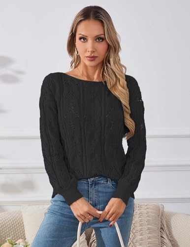 Image of Libsorge Womens Cute Sexy Off The Shoulder Crochet Knit Sweater Fall Winter 2025 Trendy Lightweight Boat Neck Pullover Top