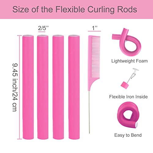 Flexible Curling Rods, 36 Pcs 9.45" Hair Curlers Rollers Flexi Rods, Heatless Flexible Hair Rollers Curlers, Bendy Foam Hair Curls For Natural Short Long Hair Women&2 Steel Pintail Comb Rat Tail Combs #TOP1
