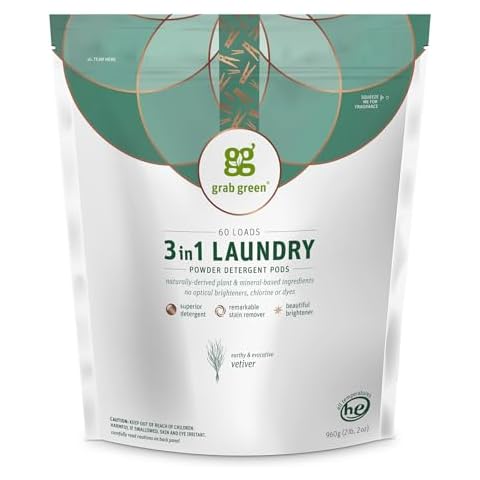 Grab Green 3-in-1 Laundry Detergent Pods, 60 Count, Vetiver Scent, Plant and Mineral Based, Superior Cleaning Power, Stain Remover, Brightens Clothes Cover