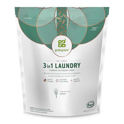Grab Green 3-in-1 Laundry Detergent Pods, Vetiver Scent, Plant and Mineral Based, Superior Cleaning Power, Stain Remover, Brightens Clothes, 60 Count by Grab Green - Used condition - US$13.32