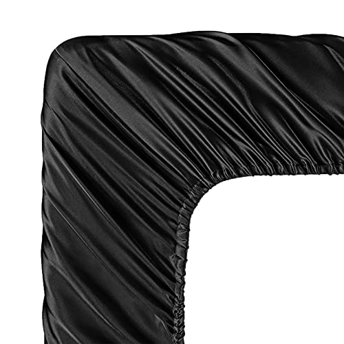 Image of SiinvdaBZX 3-Piece Set Satin King Fitted Sheet & 2 Pillowcase, Black Silky Soft Fitted Bottom Sheet, Wrinkle Free, Fade Resistant, Deep Pocket Bed Sheet (Deep Up to 15 inch)