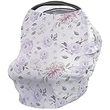 Car Seat Canopy Nursy Cover, Watercolor Spring Purple Floral Leaves Multi Use Breastfeeding Scarf for Infant Carseat Canopy, Stroller, Shopping Cart, Highchair Lavender Rustic Retro Style
