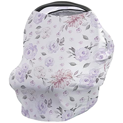 Image of Car Seat Canopy Nursy Cover, Watercolor Spring Purple Floral Leaves Multi Use Breastfeeding Scarf for Infant Carseat Canopy, Stroller, Shopping Cart, Highchair Lavender Rustic Retro Style