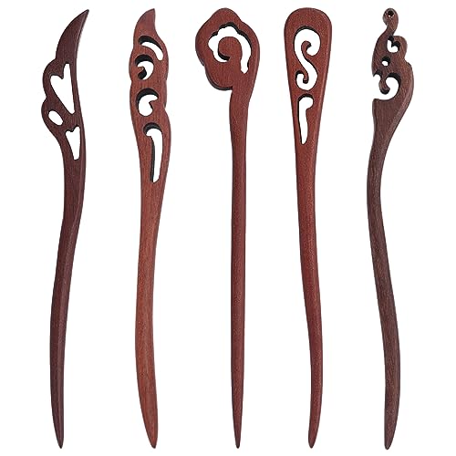 Vintage Épingles à Cheveux en Bois, Baguettes Chinoises, Pinces à Cheveux en Santal Rouge (5 Pièces)