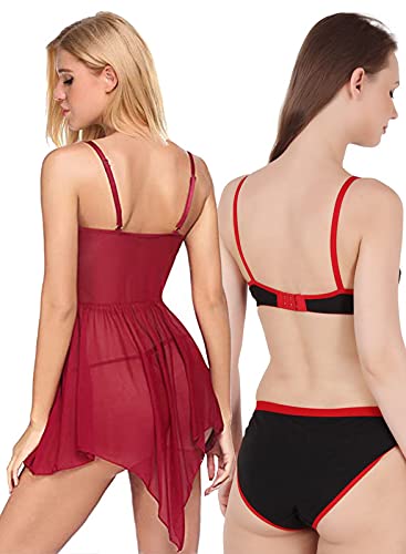 Image of Love Maker Lace Net Stylish Women Nightwear with Cotton Bra Panty Set for Women, Non Padded Bra Panty Set for Women & Night Wear Honeymoon Nighty for Women.