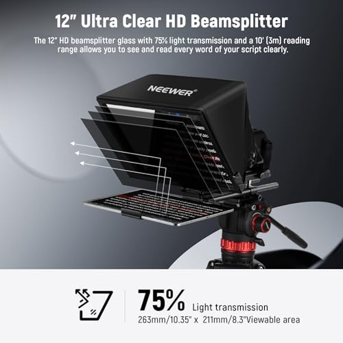 Image of Neewer Teleprompter C12 Modular Design with 15mm LWS Rod Clamp, RT113 Remote, App Control, 12 inch Beamsplitter, Snap in 501PL QR Plate Compatible with LWS Baseplate Camera Cage Shoulder Rig