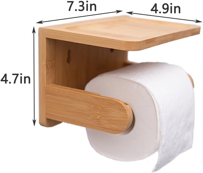 Toilet Paper Holder with Phone Shelf Bamboo Toilet Paper Storage Wall-Mounted, No-Drill & Drillable Space Saver Tissue Roll Rack for Bathroom, Kitchen, Home Décor