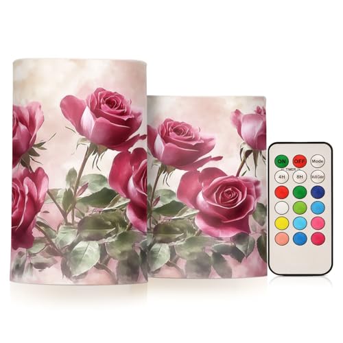 Image of Watercolor Rose Flickering Flameless Candles LED Battery Operated with Remote Timer Pillar Candles for Home Birthday Wedding Christmas Decor, Set of 2