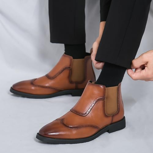 Men'S Leather Wing Tip Low Heel Chelsea Boots Classic Round Toe Brogue Slip-On Dress Oxford Boots For Driving Business Office Formal Ankle Boots4