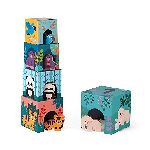 Janod - Pirámide de Cartón y Figuritas de Madera para Bebés - Animales -...