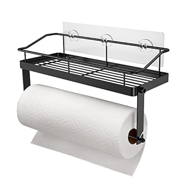 Adhesive Paper Towel Holder Shelf, Wall Mounted Paper Towel Roll Rack Basket for Kitchen, Shower Bathroom, 2 in 1 Kitchen Spice Rack,No Drilling Rack Basket Black