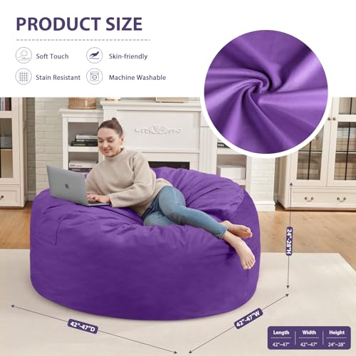 4FT Bean Bag Chair, Large Bean Bag Chairs with Memory Foam Filled, Fluffy Beanbag Sofa with Dutch Velvet Cover, Round BeanBag Chairs for Living Room, Playroom - Purple