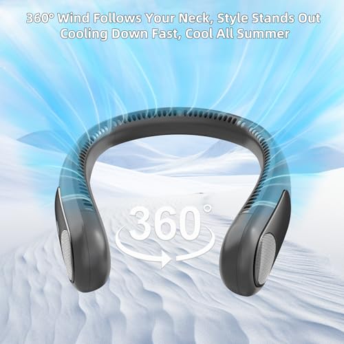 Image of Portable Neck Fan, Personal Wearable Bladeless Fan for Outdoor Indoor, LED Display, 360 Cooling, 4-Speeds, 6000mAh USB Rechargeable, Birthday Gifts for Men Women Dad Mom (Dark grey)