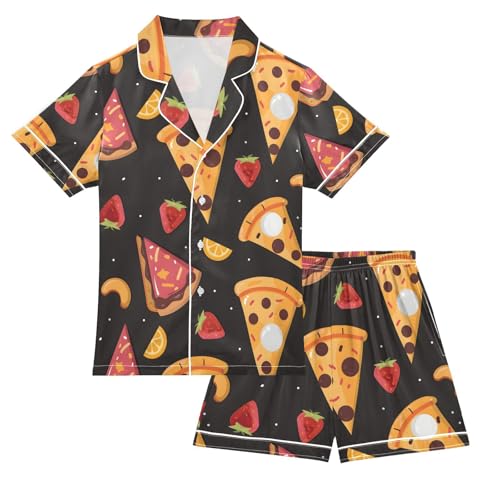 ALAZA Pizza Strawberry Cartoon Pajamas Satin Pajama Set Short Sleeve Button Down Sleepwear