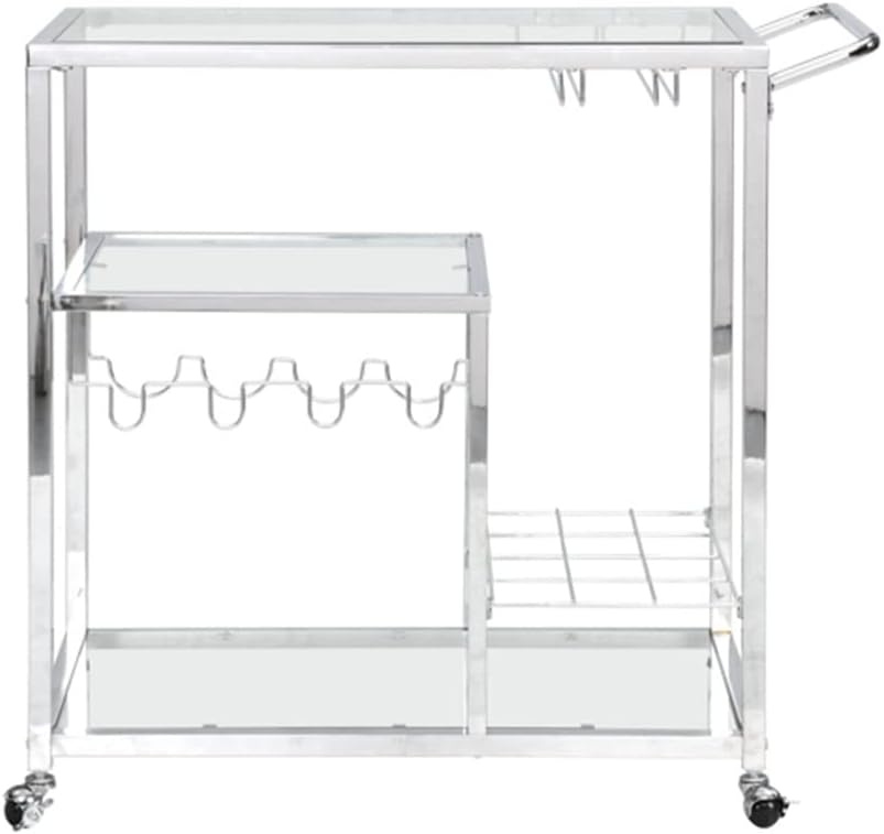 Contemporary Chrome Bar Serving Cart Silver Glass Metal Frame Wine Storage Bar Dining Car Storage 2-Layer