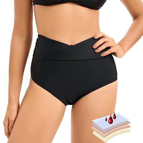 YELAIVP Period Swimwear Menstrual Leakproof Bikini Bottom V Cut High Waisted Swim Bottoms for Teens, Girls, Women