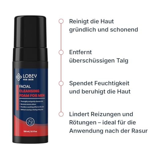 LOBEY Reinigungsschaum für Männer – Sanfte Gesichtsreinigung mit BioDtox, Glycerin & Tasmanischem Pfeffer – Für Empfindliche Haut & nach der Rasur – Natürlich & Erfrischend (150 ml)