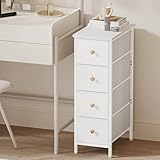 Fixwal Narrow Storage Cabinet, Narrow Nightstand Dresser with 4 Drawers, Slim Fabric Dresser Storage Tower for Small Spaces, White Dresser, for Bedroom, Bathroom, Laundry, Closet