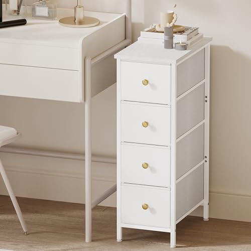 Fixwal Narrow Storage Cabinet, Narrow Nightstand Dresser with 4 Drawers, Slim Fabric Dresser Storage Tower for Small Spaces, White Dresser, for Bedroom, Bathroom, Laundry, Closet
