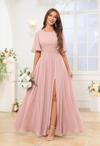 SOLODISH Chiffon Bridesmaid Dresses Long A Line Formal Evening Dresses with Sleeves Wedding Party Gown2