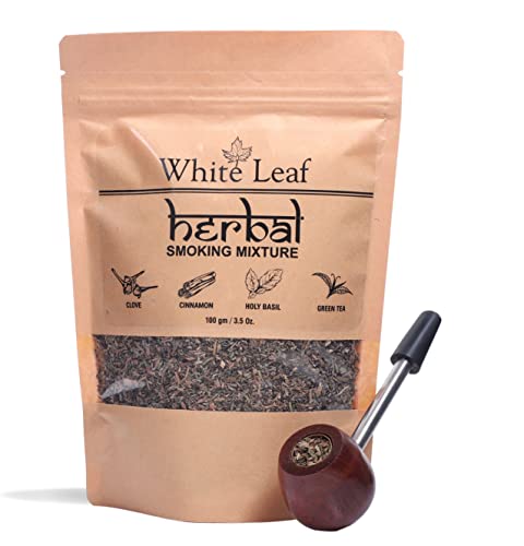 White Leaf Tobacco & Nicotine Free Smoking Mixture with 100% Natural Herbal Smoking Blend 1 Pack (3.5 Oz/ 100G) with Wooden Steel Pipe