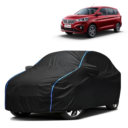 Image of Kerwa Car Body Cover Waterproof with Maruti Ertiga, Dust & UV Resistant All-Weather Proof Full Body Cover, Black with Blue Lining, Triple Stitch Elasticated Bottom with Mirror Pocket