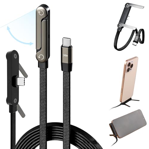 Image of Sideways Phone Charger, 2-in-1 Invisible Holder Charger Cable,Invisible Holder Charger Cable with 360 Adjustable Metal Stand, 240w Fast Charging Cord with Built-in Phone Stand for Smartphones Tablets