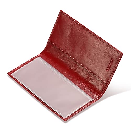 Image of HISCOW Slim Leather Checkbook Cover for Personal Checks, Antiqued Red, One Size, Minimalist | Full grain cowhide, transaction register & check book pockets, removable duplicate divider, durable stitching, gifts for men