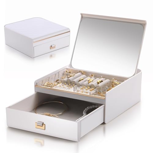 HOZKUY Jewellery Box Organiser with Mirror, 2 Layer Jewellery Case with Linkage Design Drawer, Ample Storage Space for Rings, Earrings, Bracelets and Necklaces